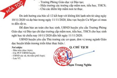 THÔNG BÁO KHẨN VỀ VIỆC CHO HỌC SINH NGHỈ HỌC ĐỂ ĐỀ PHÒNG THIỆT HẠI DO CƠN BÃO SỐ 12 GÂY RA